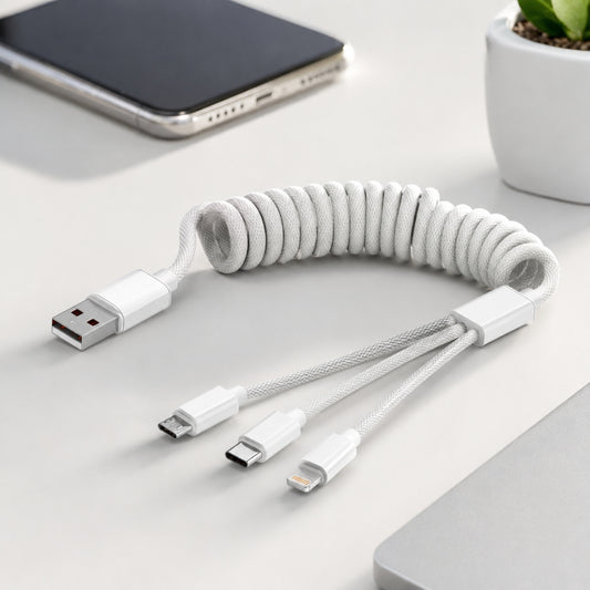 Câble de Charge 3-en-1 Spiralé Multi-Connecteurs
