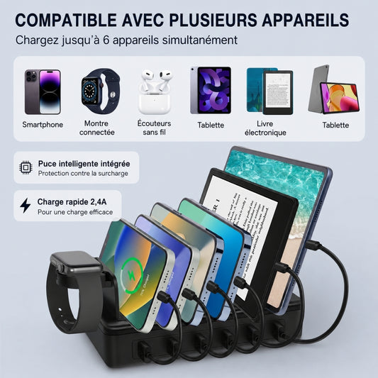 Station de Charge Rapide 6 Ports USB 50W avec Organisateur